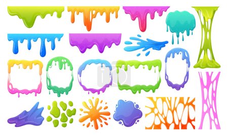 Illustration for Cartoon slime mucus splashes. Jelly dripping spots, borders and frames, goo sticky liquid slime splatters flat vector illustration set. Messy mucus blobs - Royalty Free Image