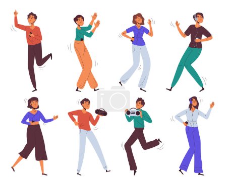 Illustration for Dancing people. Men and women moving to music, dancers characters dancing and enjoying music party flat vector illustration set - Royalty Free Image