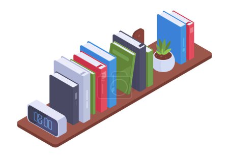 Illustration for Isometric bookshelf. Home interior or library room bookshelves, book stack on bookcase 3d vector illustration - Royalty Free Image