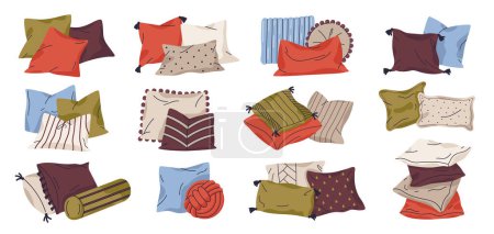 Illustration for Textile pillows vector set. Home interior decor pillow, sofa feathered cushion, cozy pillows flat vector illustration collection - Royalty Free Image