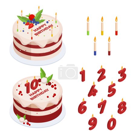 Illustration for Isometric Birthday cake with candles. Baked festive cake and anniversary candles, tasty cake desert for Birthday celebration 3d vector illustration set. Cake and HB candles - Royalty Free Image