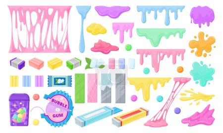 Illustration for Bubble bubblegum splashes. Cartoon gummie splashes and spots, gum packaging, chewing dragees and bubblegum stripe flat vector illustration set. Sweet gum collection - Royalty Free Image