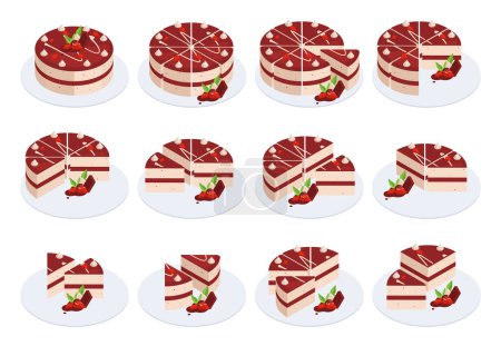 Photo for Isometric cake slices. Festive cake cut into pieces, pastry pie various parts, birthday cake constructor 3d vector illustration set. Birthday cake cut into parts - Royalty Free Image
