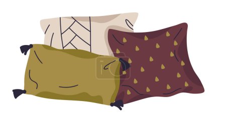 Illustration for Textile pillows set. Cozy home interior, feather or bamboo cushion, soft fabric pillows flat vector illustration collection. Decorative cushions - Royalty Free Image