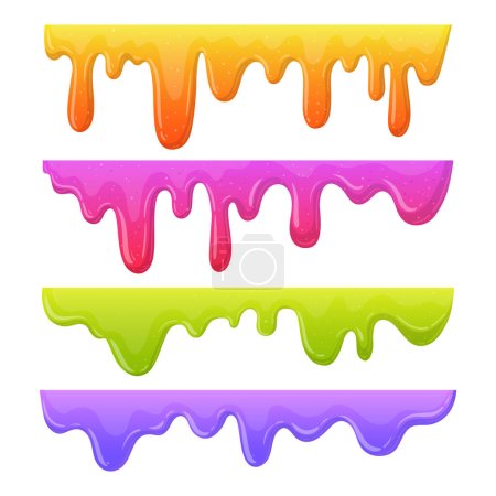 Illustration for Cartoon slime borders. Dripping liquid mucus spots, sticky slime splashes. Goo sticky slime flat vector illustration set. Jelly dripping dividers - Royalty Free Image