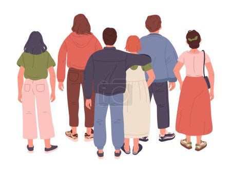 Ilustración de La gente ve desde atrás. Personajes masculinos y femeninos en posición lateral posterior. Gente de moda grupo vector plano Ilustración - Imagen libre de derechos