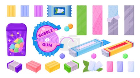 Illustration for Cartoon bubblegum. Gum splashes, gum packaging, chewing dragees and bubblegum stripe. Chewing gum spots flat vector illustration set - Royalty Free Image