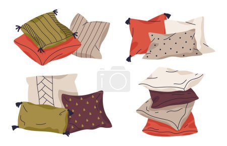 Illustration for Pillows vector collection. Textile home interior pillows, feathered sofa cushions, cozy pillows flat vector illustration set - Royalty Free Image