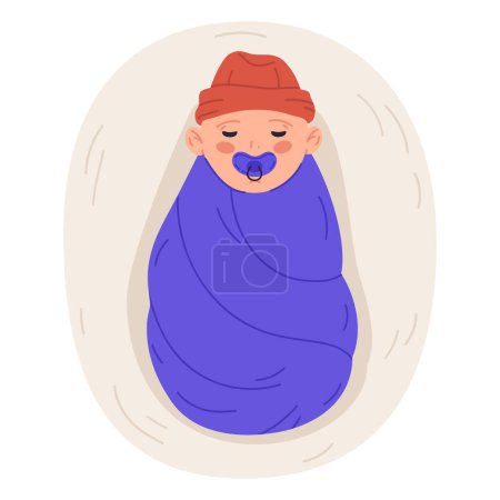 Illustration for Swaddled newborn baby. Sleeping little boy with pacifier, funny toddler, kid with baby blanket flat cartoon vector illustration - Royalty Free Image