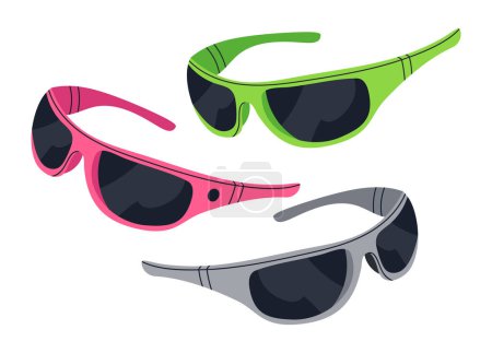 Illustration for Trendy 90s style shades. Plastic frames trendy sunglasses, fashionable eyewear retro accessories flat vector illustration set - Royalty Free Image