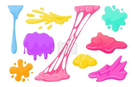 Illustration for Cartoon sticky slime. Goo liquid slime splatters, mucus splashes. Jelly dripping spots flat vector illustration set - Royalty Free Image