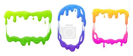 Illustration for Mucus splash frames. Cartoon slime borders, jelly dripping frames. Goo sticky slime splatters flat vector illustration collection - Royalty Free Image