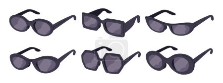 Illustration for Trendy sunglasses. Plastic frame shades, fashionable eyewear accessories, black frames sunnies flat vector illustration set - Royalty Free Image