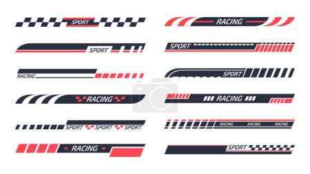 Illustration for Tuning racing sport stripes. Sports racing decals, sports car, motorbike and boat stickers, striped vehicle tuning bars flat vector illustration set - Royalty Free Image
