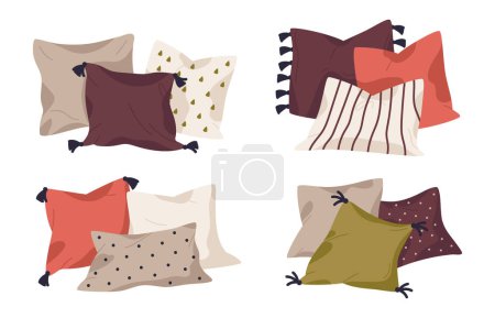 Illustration for Textile interior pillows. Home decor pillows, feathered cozy sofa cushions, decorative pillows flat vector illustration set - Royalty Free Image