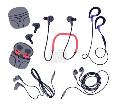 Illustration for Earphones set. Wired and wireless audio equipment, music listening in-ear electronic music devices flat cartoon vector Illustration set - Royalty Free Image