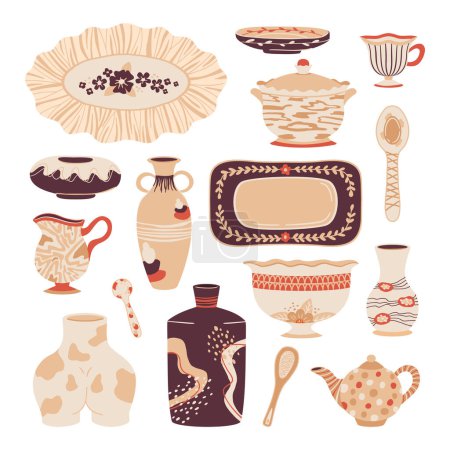 Illustration for Ceramic pottery. Decorative clay crockery, vases and dishes, ceramic tableware. Hand drawn pottery items flat illustrations set - Royalty Free Image