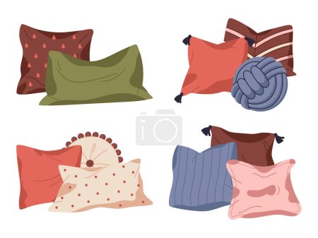 Illustration for Home decor pillows. Textile interior pillows, feathered cozy sofa cushions, decorative soft pillows flat vector illustration set - Royalty Free Image
