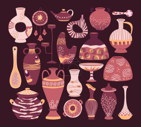 Illustration for Decorative ceramic pottery. Clay crockery, vases and dishes, ceramic tableware. Kitchenware, pottery items hand drawn flat vector illustrations set - Royalty Free Image