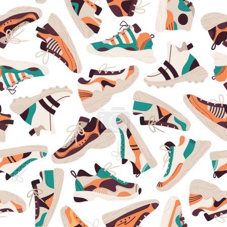Ilustración de Zapatillas planas patrón sin costuras. Ropa deportiva con estilo, zapatos de entrenamiento de fitness de moda. Moderno casual calzado plano vector fondo ilustración - Imagen libre de derechos