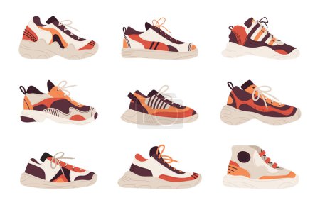 Illustration for Flat sneakers vector set. Modern trendy fitness shoes, casual male and female footwear. Stylish sportswear flat cartoon vector illustration collection - Royalty Free Image