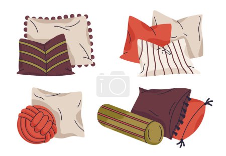 Illustration for Textile cushions. Home decor sofa pillows, cozy interior decorative soft pillows flat vector illustration set - Royalty Free Image