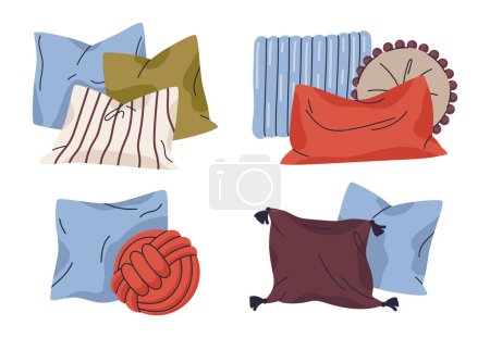 Illustration for Decorative soft pillows. Home decor cushions, textile interior pillows. Feathered cozy sofa cushions flat vector illustration set - Royalty Free Image