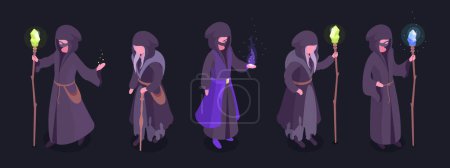 Illustration for Isometric magic wizard and witch. Witchcraft magician characters, witch and wizard with magic stick 3d vector illustration set - Royalty Free Image