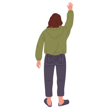 Ilustración de Mujer joven saludando de la mano. Vista de chica desde atrás, personaje femenino detrás de la posición lateral. Mujer moda vector plano Ilustración - Imagen libre de derechos