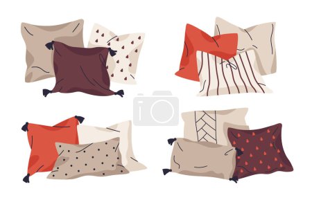 Illustration for Cozy sofa cushions. Home decor pillows, textile interior pillows. Decorative soft pillows flat vector illustration set on white background - Royalty Free Image