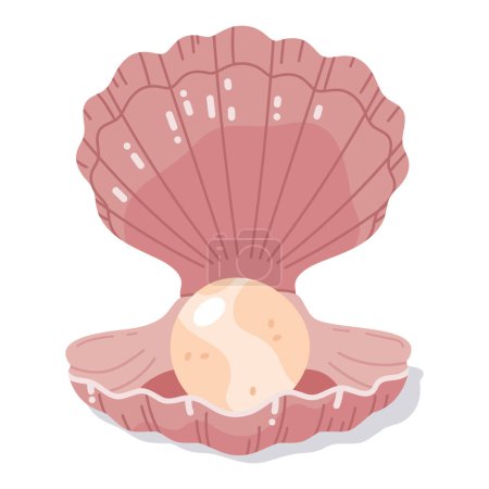 Ilustración de Cáscara de almeja abierta con perla. Concha de mar vieira con perlas, mariscos marinos, fauna marina oceánica vector plano ilustración sobre fondo blanco - Imagen libre de derechos