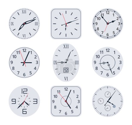 Illustration for Analog watch faces. Electronic and mechanical vintage clocks, watch faces with numbers and clock hands flat vector illustration set - Royalty Free Image