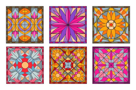 Illustration for Cartoon stained glass pattern. Mosaic tile church windows, geometry and floral design flat vector background illustration set. Decorative abstract mosaic - Royalty Free Image