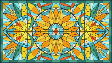 Illustration for Mosaic stained glass background. Geometry and floral design tile, decorative church window flat vector background illustration. Abstract stained glass pattern - Royalty Free Image