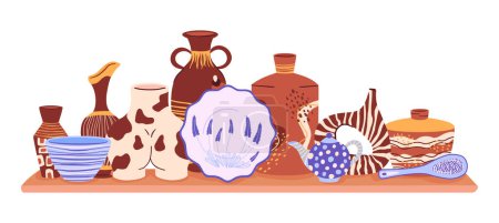 Illustration for Modern decorative pottery. Ceramic crockery, hand drawn tableware, shelf with kitchen pottery. Handmade clay ceramic crockery vector illustration - Royalty Free Image