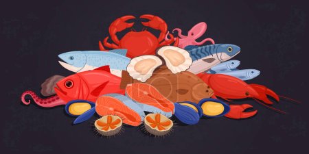 Téléchargez les illustrations : Une pile de fruits de mer. Caricature saumon, thon, homard, poulpe et crevettes. Huîtres et poissons de mer tas plat vecteur illustration de fond - en licence libre de droit