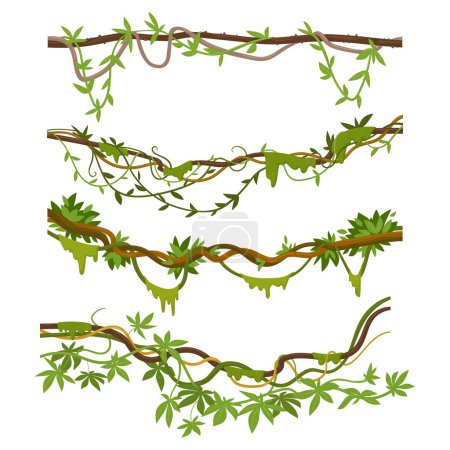 Illustration for Jungle liana plants. Cartoon tropical climbing creepers branches with moss. Rainforest liana vines flat vector illustrations set - Royalty Free Image