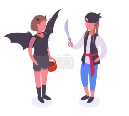 Illustration for Isometric halloween party kids. Boy and girl wearing pirate and little bat carnival costumes. Halloween party masquerade characters 3d vector illustration - Royalty Free Image