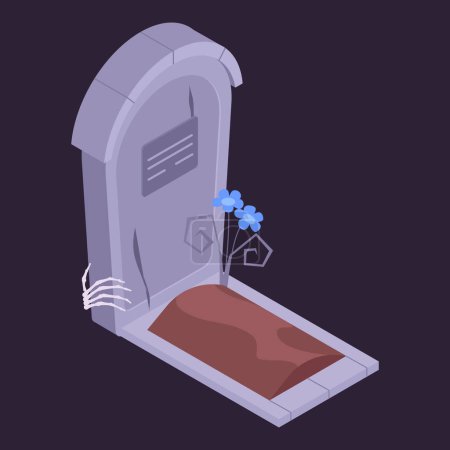 Illustration for Isometric horror tombstone grave. Monster skeleton arm, spooky zombie hand on stone monument, scary holiday 3d vector illustration - Royalty Free Image
