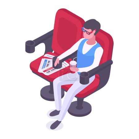 Téléchargez les illustrations : Un homme isométrique assis sur une chaise de cinéma. Visiteur de cinéma, gars avec soda pop regarder le film illustration vectorielle 3d - en licence libre de droit