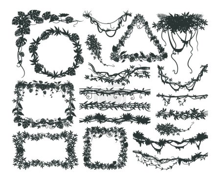 Illustration for Cartoon liana silhouettes. Tropical climbing creepers, jungle hanging lianas. Rainforest liana frames and borders flat illustration set - Royalty Free Image