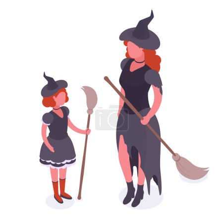 Illustration for Isometric mom and daughter wearing witch costumes. Halloween party masquerade characters, trick or treat night 3d vector illustration - Royalty Free Image