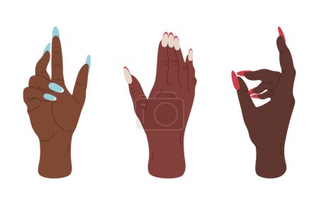 Ilustración de Gestos de manos femeninas. Palmeras de mujer con gestos elegantes, manos con uñas largas cuidadas conjunto de ilustración vector plano - Imagen libre de derechos