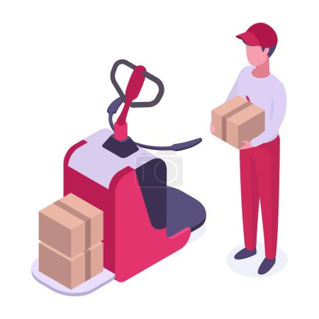Illustration for Isometric delivery service worker. Logistic and warehouse worker with forklift carrying parcels flat vector illustration on white background - Royalty Free Image