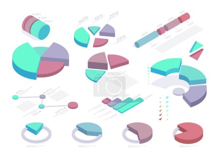 Isometric statistic diagram set. Data analysis charts, futuristic chart elements, 3d infographic vector illustration set
