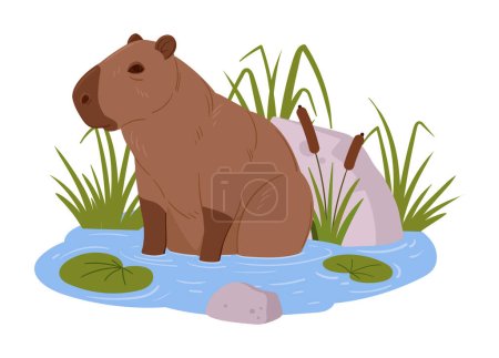 Téléchargez les illustrations : Caricature capybara. Mignon animal sauvage semi-aquatique dans un habitat naturel, mammifère herbivore assis dans un étang illustration vectorielle plate - en licence libre de droit