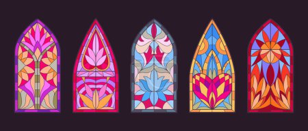 Ilustración de Mosaico vidrieras. Cristales de iglesia arqueados, vidrieras decorativas. Conjunto de ilustración de vector plano de ventanas de vidrio catedral - Imagen libre de derechos