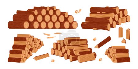 Illustration for Firewood wooden logs. Cartoon stacked bonfire firewoods, bonfire wooden logs. Wood industry materials flat vector symbols illustration set - Royalty Free Image