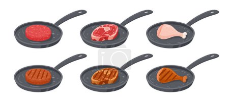 Illustration for Fried pan with raw and roasted meat. Cartoon pork, beef steaks and chicken legs cooking process, roasted meat semi-finished products flat vector illustration set - Royalty Free Image