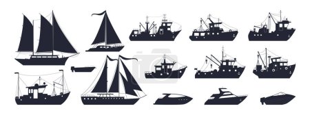 Illustration for Ships silhouettes. Sea travel boats and sailboats, motorboats and fishing trawlers. Flat vector illustration collection - Royalty Free Image
